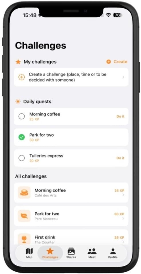 Application Daremeet sur smartphone — carte des défis (1 sur 3)
