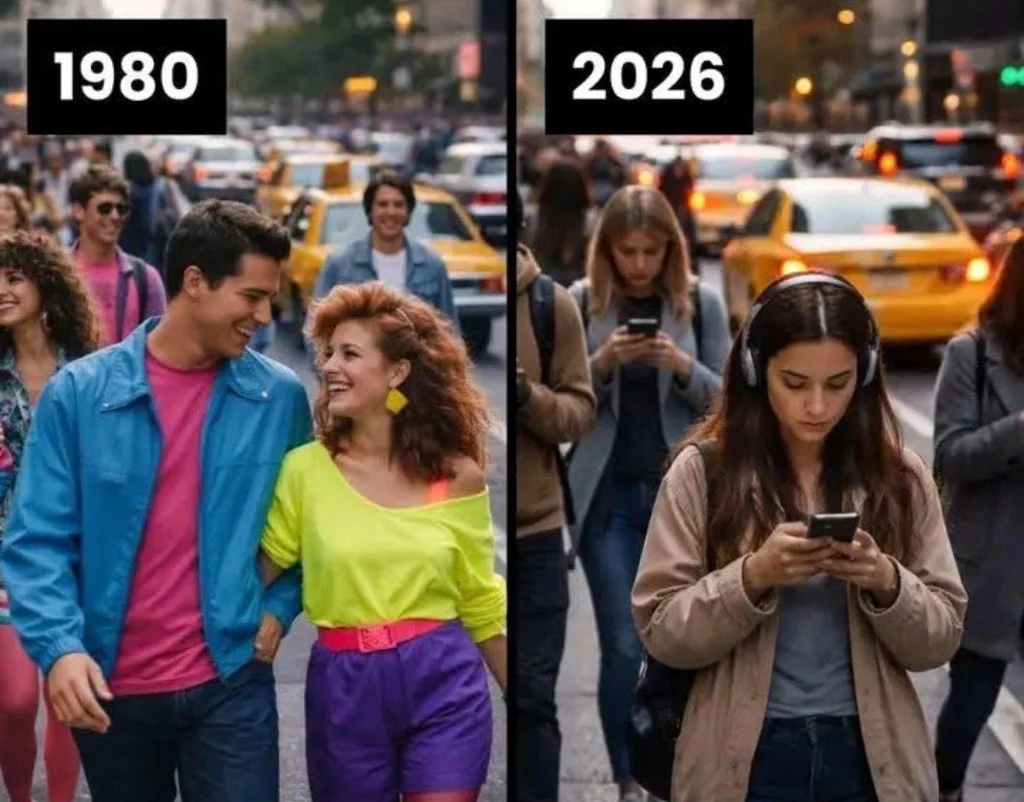 Montage en deux panneaux : à gauche « 1980 », personnes dans la rue sans téléphone portable ; à droite « 2026 », passants absorbés par leur smartphone.