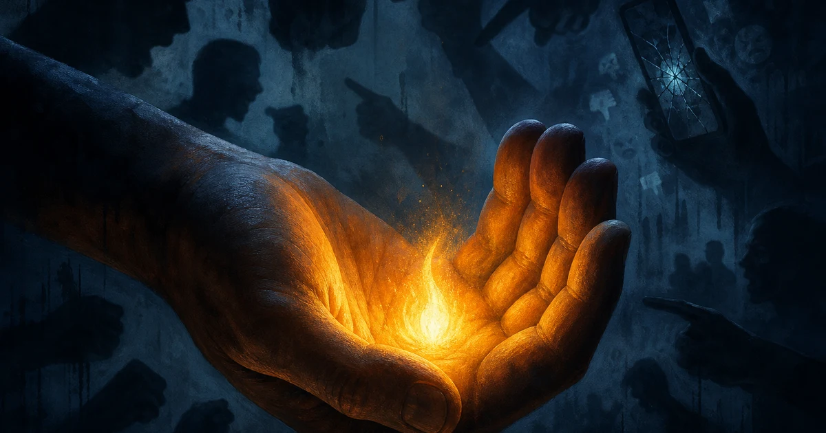 Open hand protecting a warm light against judgment — a metaphor for kindness as strength
