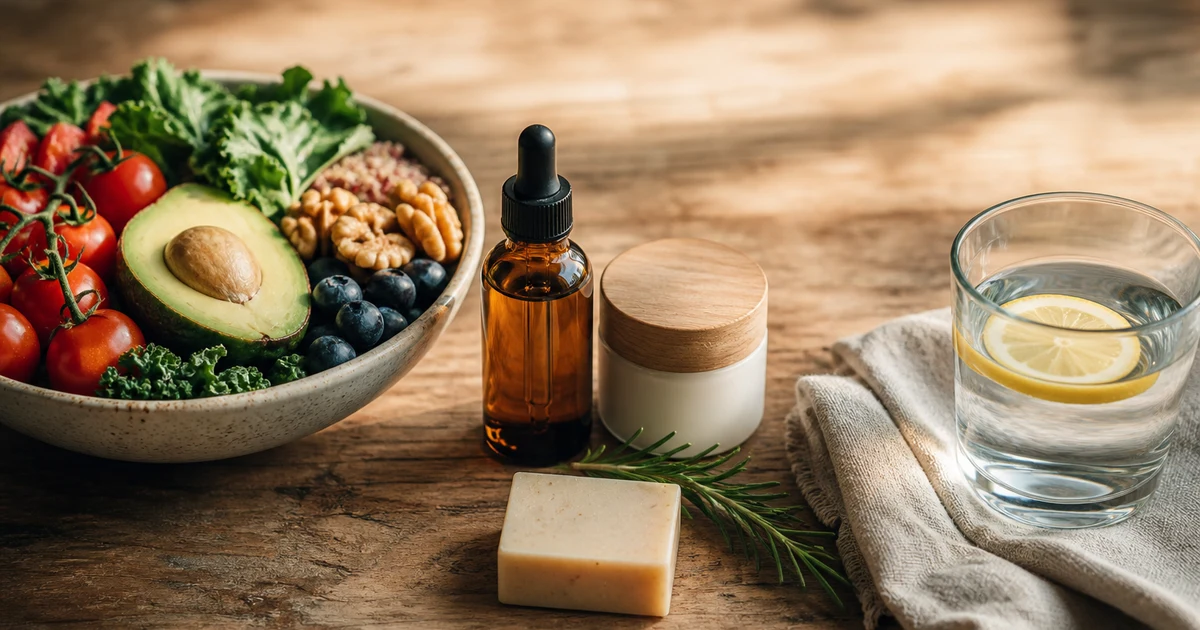 Cosmetici naturali e cibi freschi su un tavolo di legno: metafora delle scelte quotidiane che influenzano l'equilibrio ormonale