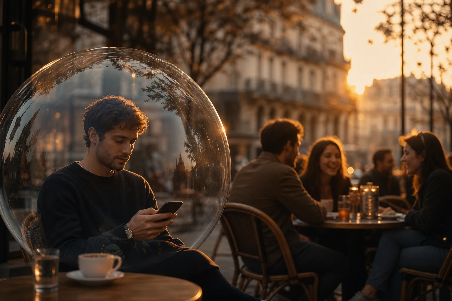 Café terrace — solitude and a group of friends in the background