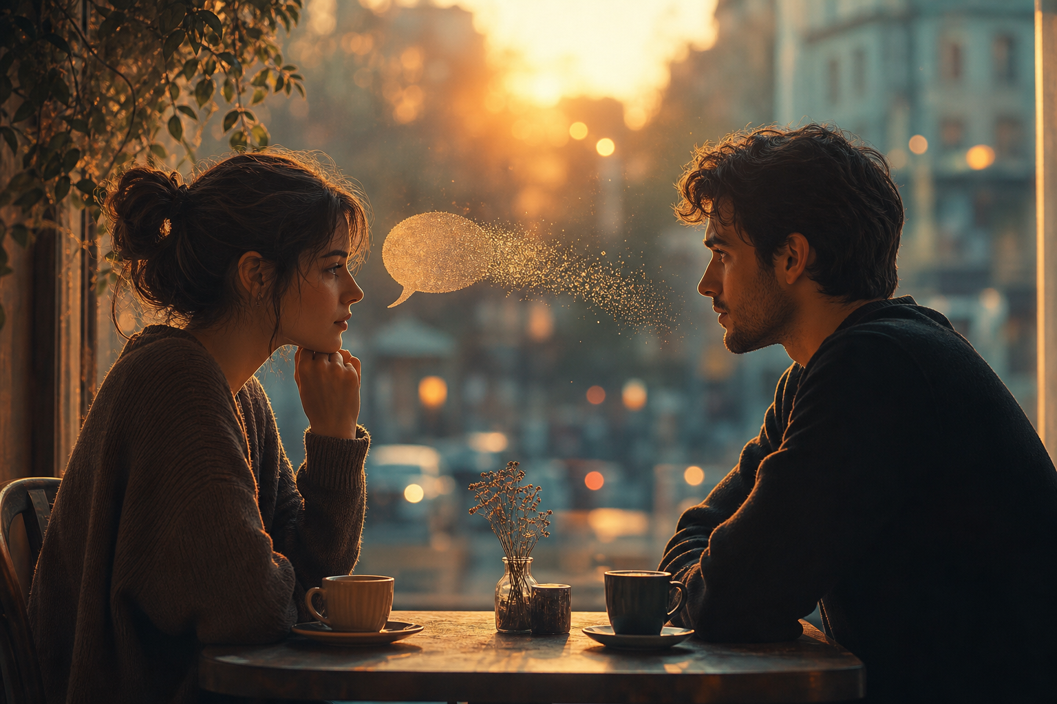 Two people face to face in a café—the moment words hesitate to come out