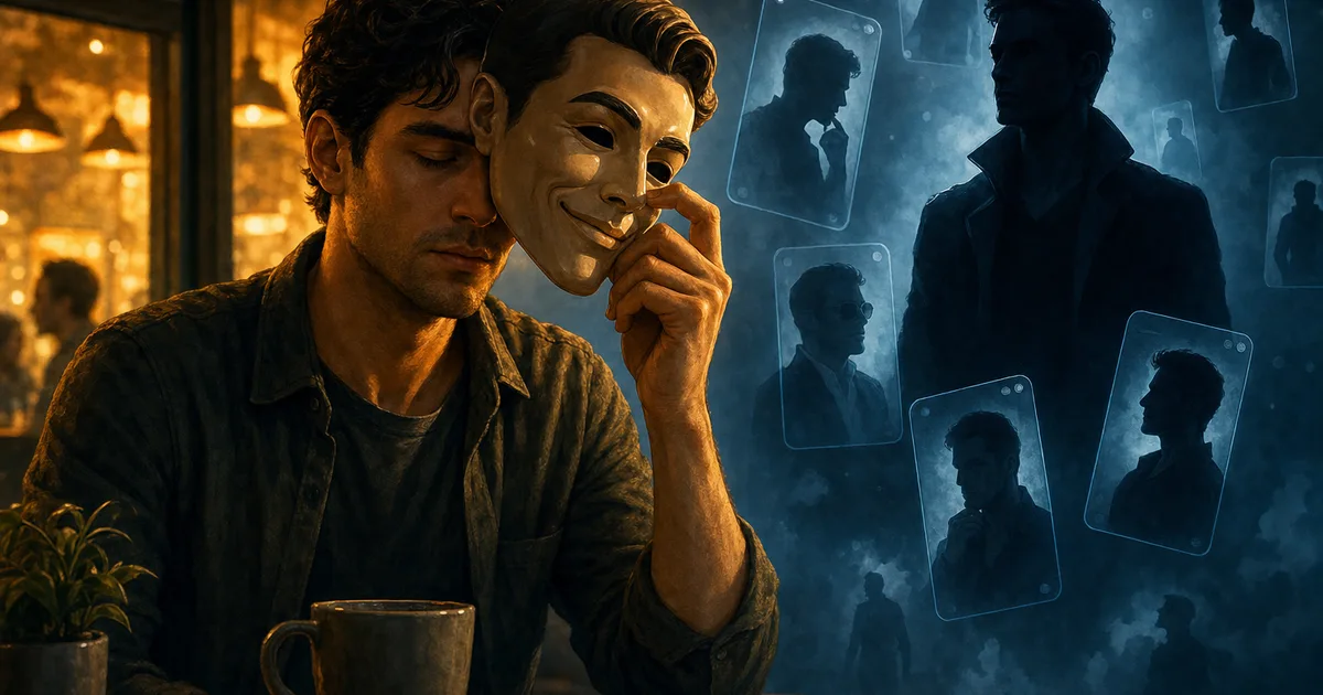 Person removing a theatrical mask — metaphor for a personality sold by viral coaching