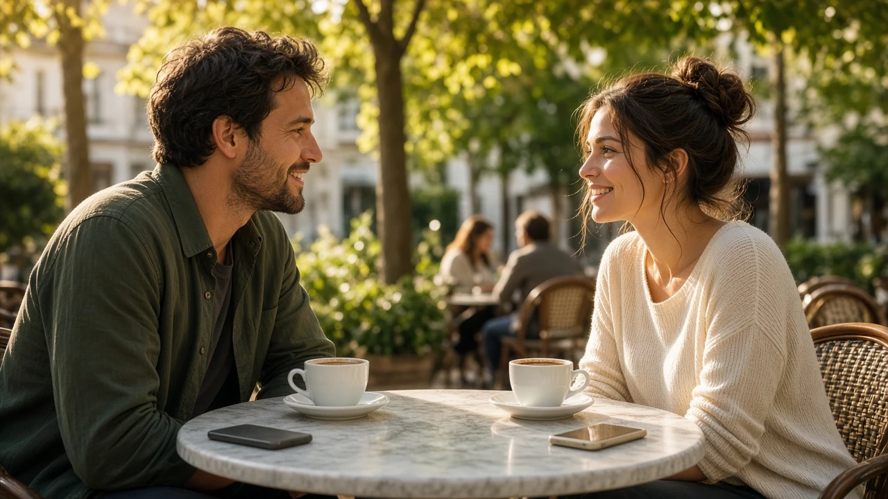 Homme et femme qui se rencontrent en terrasse, téléphones posés, sourires sincères