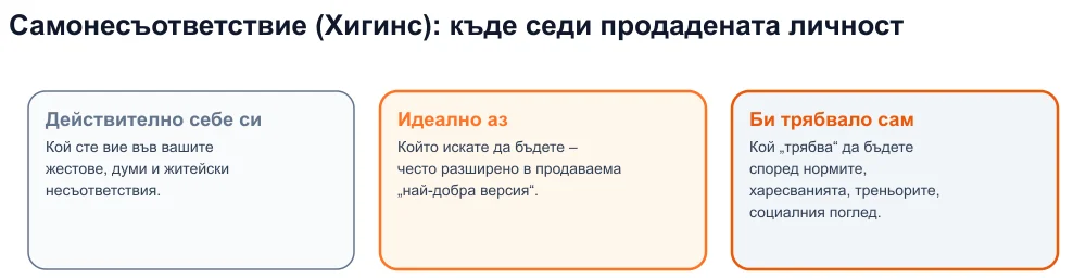Диаграма на трите аз-а на Хигинс - действително, идеално, трябва - с продадената личност между идеала и трябва