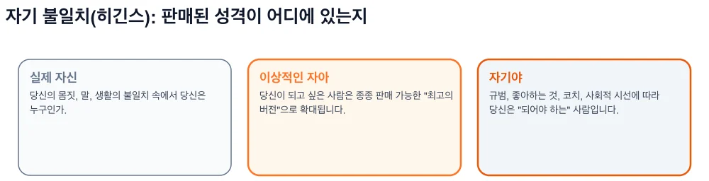 히긴스의 세 가지 자아(실제, 이상, 당위)와 이상과 당위 사이의 판매된 성격을 보여주는 다이어그램